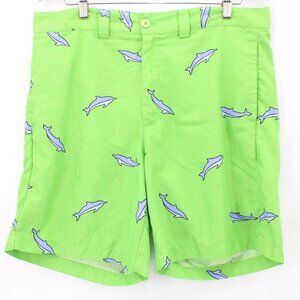 Liquid Flow Shorts Mens Green Dolphin Graphic Logo Drawstring Classic Fit Sz 34W